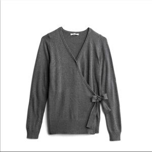 Skies are blue grey mock wrap sweater